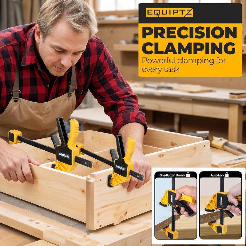 EQUIPTZ 6 Pack Bar Clamps for Woodworking – 2 Pcs 12" & 4 Pcs 6" Quick Grip Clamps Set with 150 lbs Force – Wood Clamps for Gluing, Carpentry, DIY, and Metalworking (Combo Sizes, 6 Pack) - Image 5